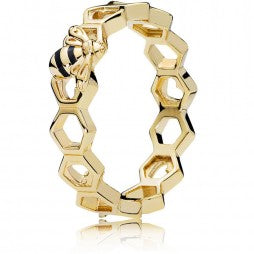 Bee and honeycomb 14k Gold Plated  ring with black enamel