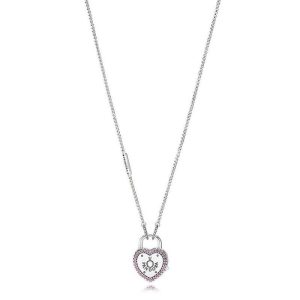 Heart padlock silver pendant with fancy fuchsia pink cubic zirconia and necklace