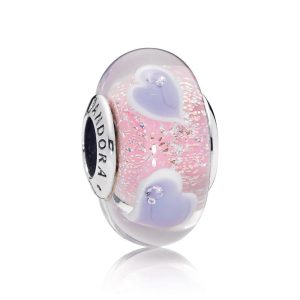 Heart silver charm with iridescent. pink. white. purple. transparent Murano glass and clear cubic zirconia