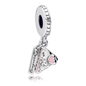 Cake slice silver dangle with pink. purple and silver enamel