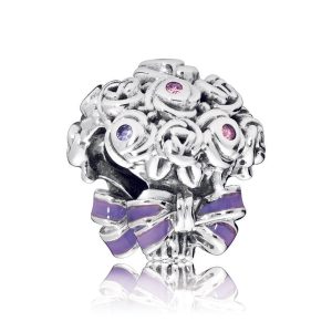 Flower bouquet silver charm with lilac crystal. rose pink crystal and purple enamel