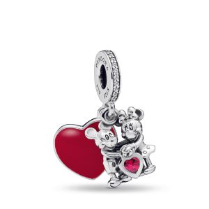 Disney Mickey. Minnie and heart silver dangle with red and clear cubic zirconia and red enamel