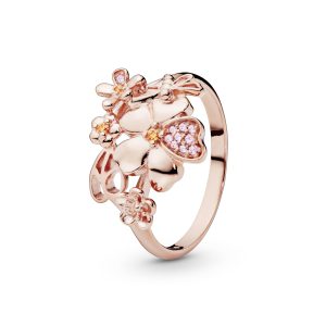 Floral 14k Rose Gold-plated ring with rose pink crystal. pink cubic zirconia and honey cubic zirconia