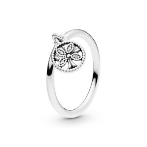 Family tree silver ring with clear cubic zirconia