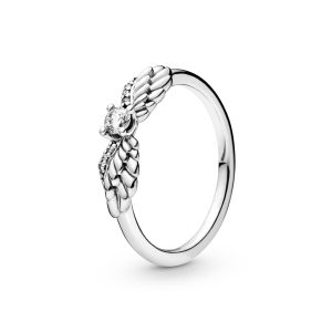 Angel wing sterling silver ring with clear cubic zirconia