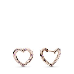 Heart 14k Rose Gold-plated hoop earrings with royal purple crystal. lilac crystal and clear cubic zirconia