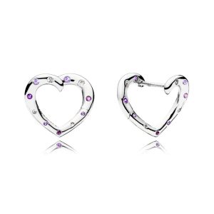 Heart silver hoop earrings with royal purple crystal. lilac crystal and clear cubic zirconia