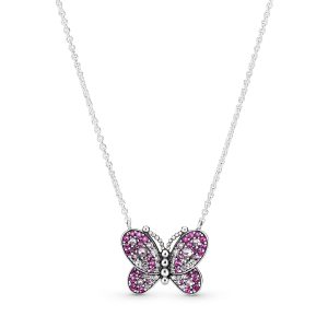 Butterfly silver collier with cerise crystal. pink mist crystal and clear cubic zirconia