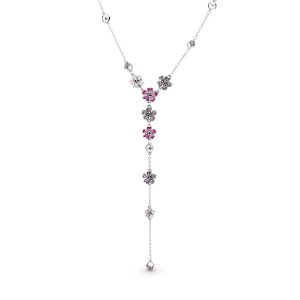 Flower silver Y-necklace with cerise crystal. pink cubic zirconia. pink synthetic sapphire and pink enamel