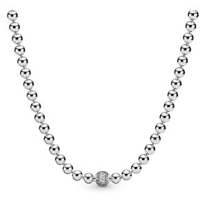 Beaded sterling silver necklace with clear cubic zirconia