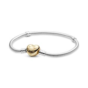 Silver bracelet with heart-shaped 14k Gold Plated clasp