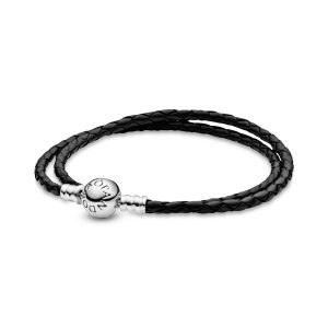 Silver leather bracelet. double. black