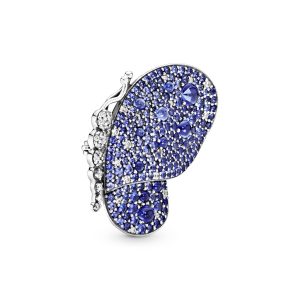Butterfly silver brooch with royal blue crystal and clear cubic zirconia