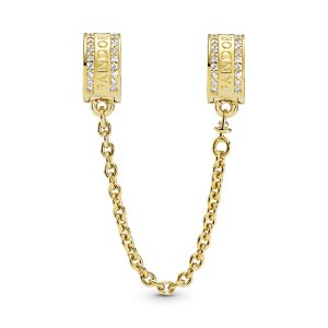 14k Gold Plated logo safety chain with clear cubic zirconia and silicone grip