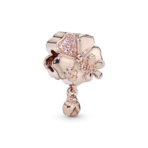 Flower and ladybug 14k Rose Gold-plated charm with pink crystal. yellow and pink cubic zirconia and pink enamel