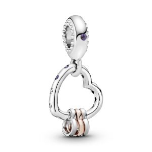 Heart silver and 14k Rose Gold-plated dangle with lilac crystal. royal purple crystal and clear cubic zirconia