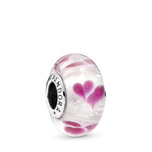 Heart silver charm with transparent. violet. white and dichroic Murano glass and German glass