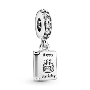 Birthday card silver dangle with clear cubic zirconia