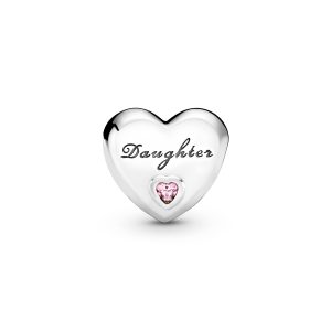 Daughter heart silver charm with pink cubic zirconia