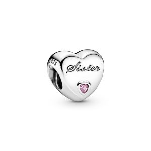 Sister heart silver charm with pink cubic zirconia