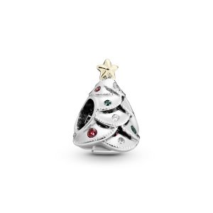 Christmas tree silver charm with 14k. clear cubic zirconia. red cubic zirconia and green crystal