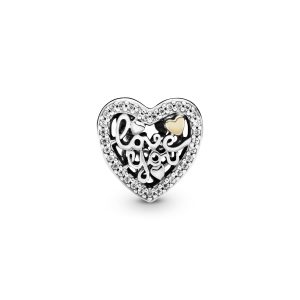 Heart silver charm with 14k and clear cubic zirconia