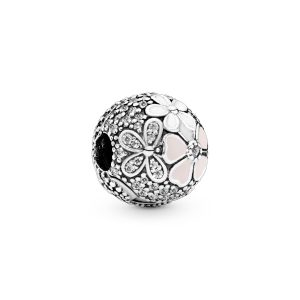 Floral silver clip with clear cubic zirconia. white and pink enamel