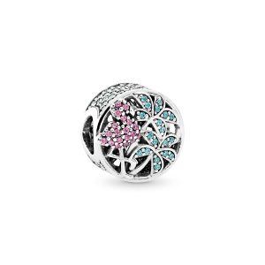 Flamingo silver charm with fancy pink cubic zirconia. teal cubic zirconia and light green crystal