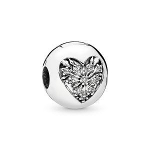 Ice crystal heart silver clip with clear cubic zirconia