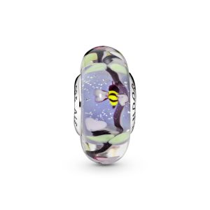 Bee silver charm with iridescent. black. green. white. purple and transparent Murano glass and pink German glass