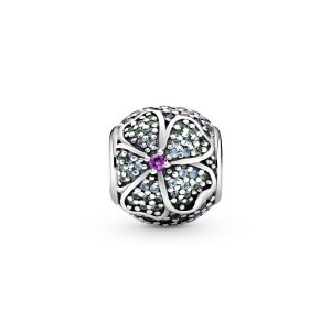 Floral silver charm with royal purple crystal. London blue crystal and green crystal