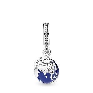 Disney Globe silver dangle with blue enamel. clear cubic zirconia and black crystal