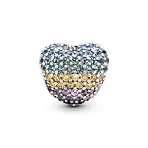 Heart silver clip with mixed colours of crystals and cubic zirconia