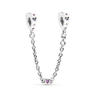 Heart silver safety chain with royal purple crystal. lilac crystal. fancy purple and clear cubic zirconia