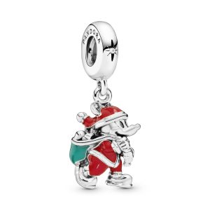 Disney Mickey Santa silver dangle with red. green enamel and clear cubic zirconia