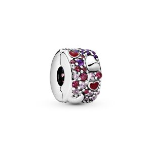Heart silver clip with red and pink cubic zirconia. royal purple crystal and red enamel