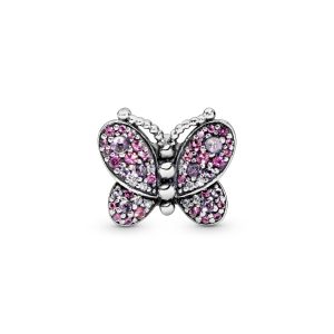 Butterfly silver charm with cerise. pink mist crystal and clear cubic zirconia