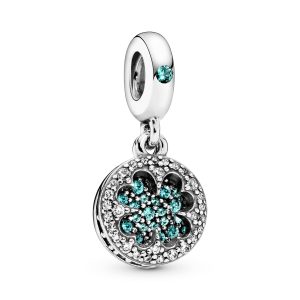 Clover silver dangle with royal green. aqua green crystal and clear cubic zirconia