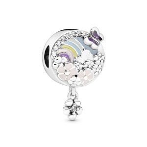 Flower and rainbow silver charm with pink. white. purple. green. blue and yellow enamel