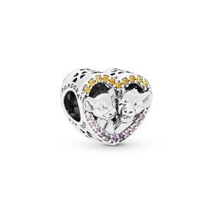 Disney Simba and Nala silver heart charm with rose pink crystal. orange and honey CZ and synthetic pink sapphire