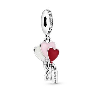 Balloons silver dangle with clear cubic zirconia. shimmering silver. pink and red enamel