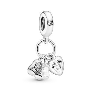 Shoes. baby bottle and heart silver dangle with clear cubic zirconia and white enamel