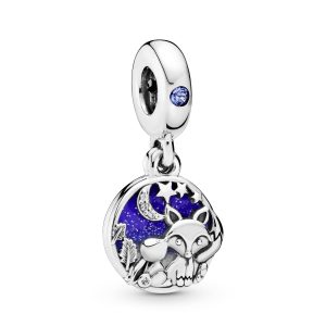 Fox and rabbit sterling silver dangle with moonlight blue crystal. clear cubic zirconia. white. blue and silvery glitter enamel