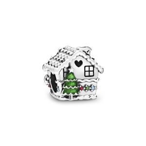 Ginger bread house sterling silver charm with red. dark green and blue cubic zirconia. red. white and green enamel