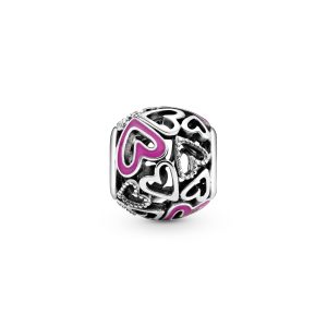 Hearts sterling silver charm with pink enamel