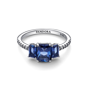 Blue Rectangular Three Stone Sparkling Ring