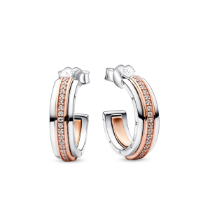 Pandora Signature Two tone Logo & Pavé Hoop Earrings